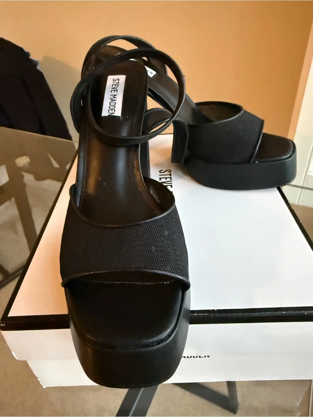 Steve Madden Black Platform Ankle-Strap Chunky Heel Sandal